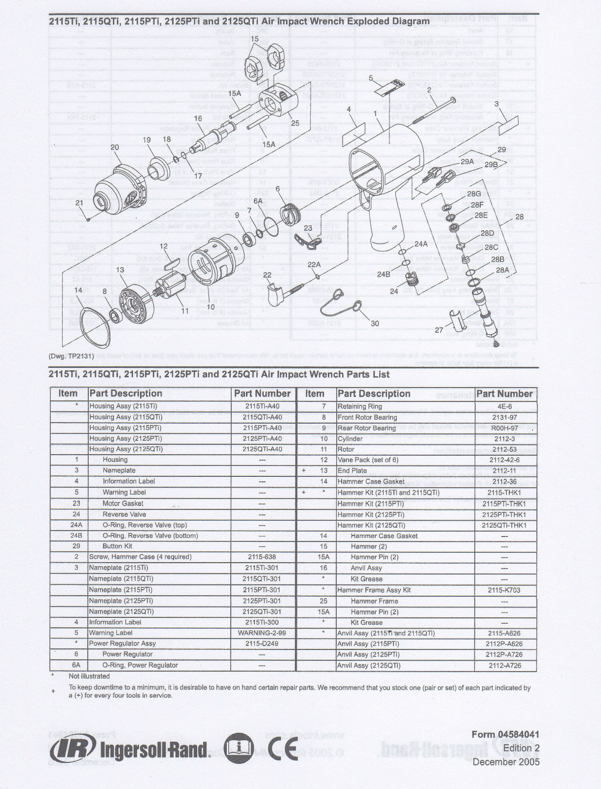 INGERSOLL RAND 2112 TK2 & 2115 TK1 TUNE UP KIT COMBO 3/8" & 1/2" MODELS IR VANES