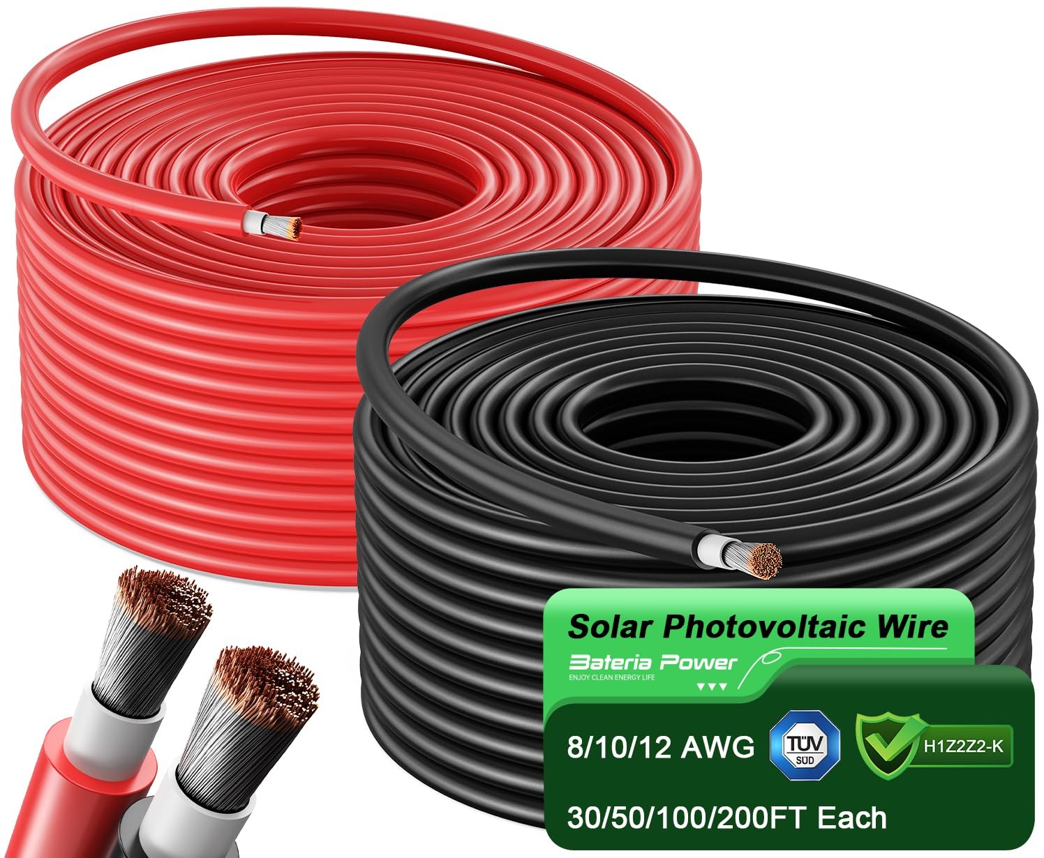 Bateria Power Solar Panel Wire 50Ft Black and Red 10AWG, Black+Red