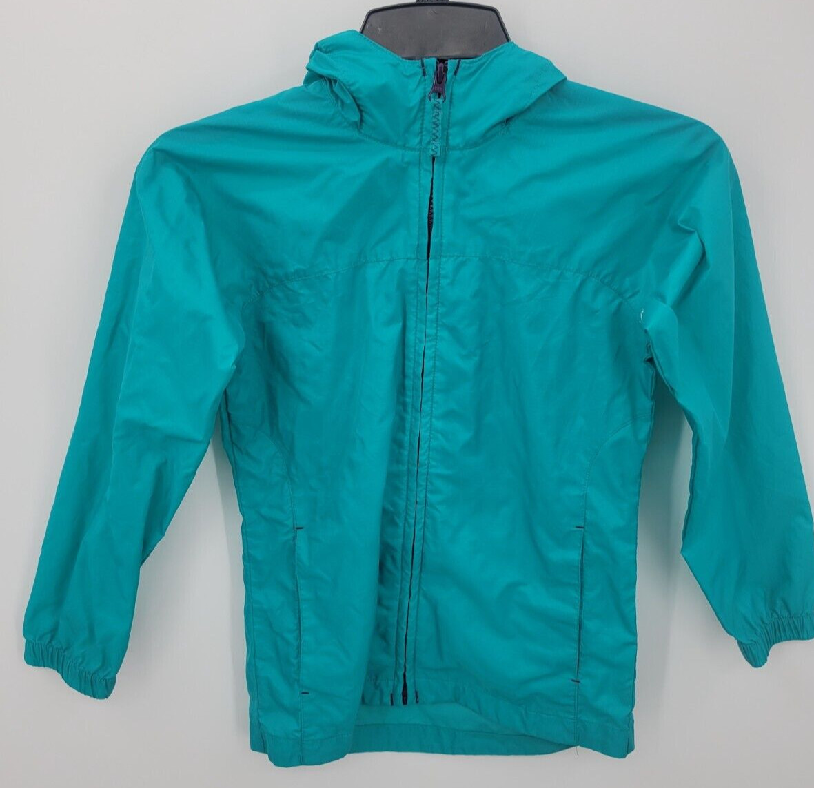 Lands End Jacket Girls Large 6X 7 Blue Green Zip Up Hooded Raincoat Outerwear