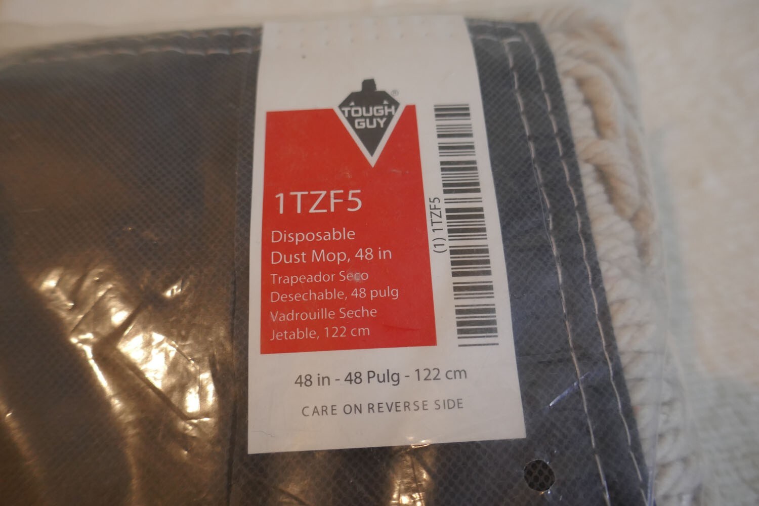 Tough Guy 1Tzf5 48 In L Dust Mop, Slide On Connection, Cut-End, Gray/White,