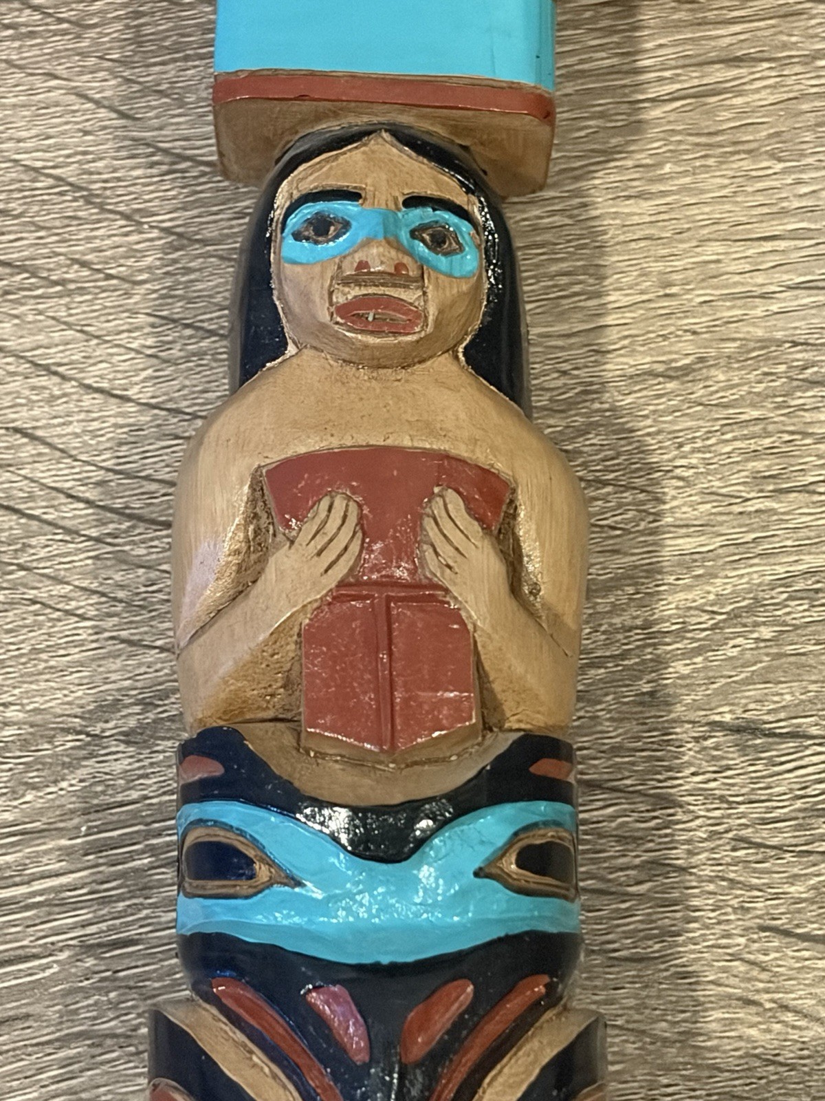 VTG 1992 Tlingit Hand Carved Painted Totem Pole Alaska, Native American 9"