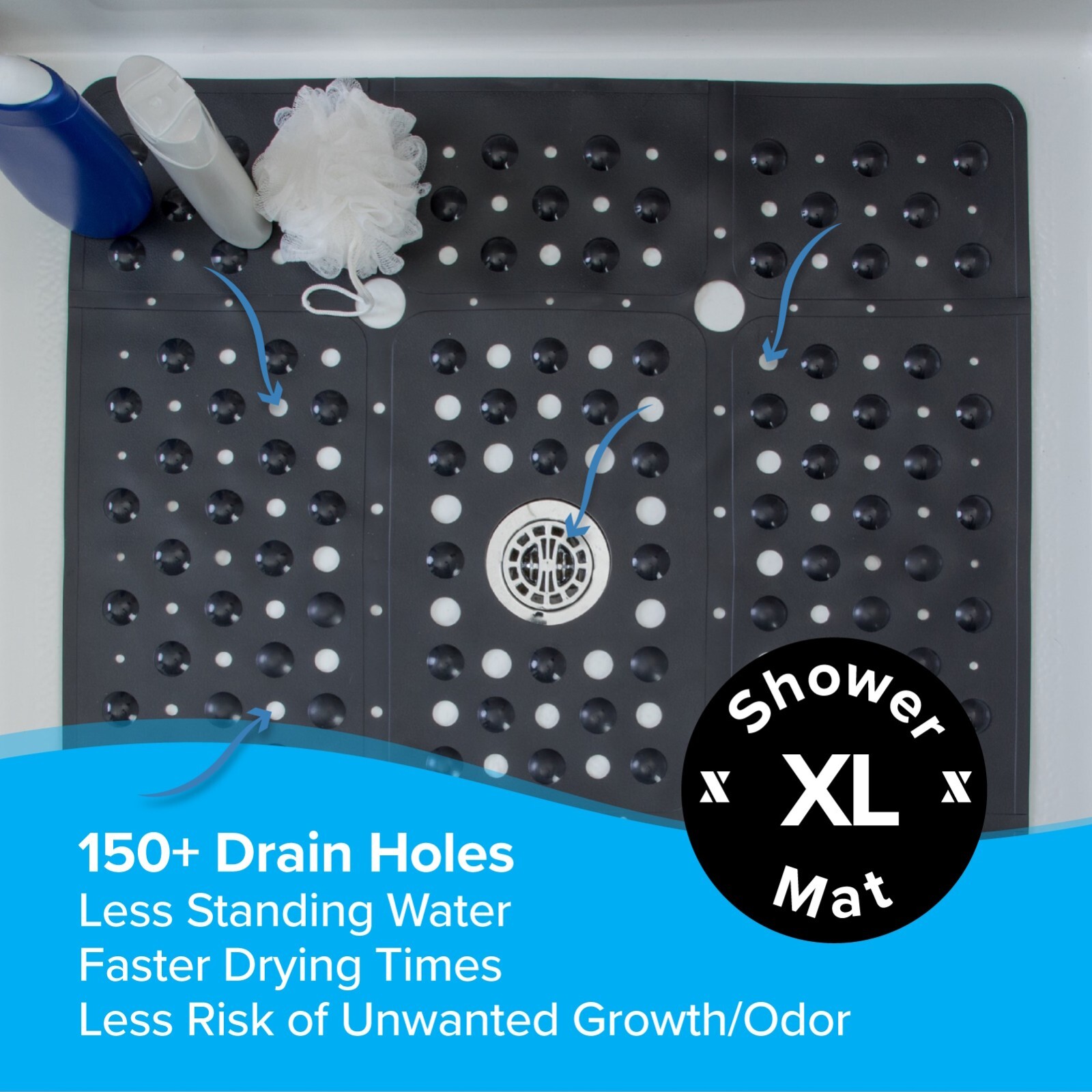 65% MORE COVERAGE! SlipX Solutions Solid Black Extra Large Shower Mat (27")