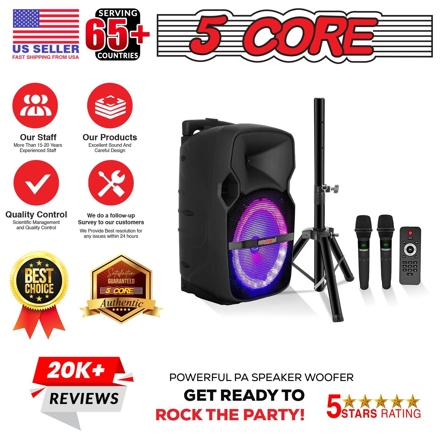 5Core Party Speaker 2pc Bluetooth 400W Rechargeable Outdoor PA DJ System w 4 Mic