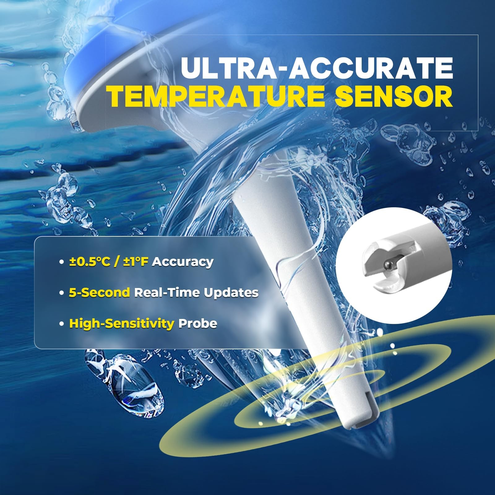 Pool Thermometer Solar Digital Floating, High Precision Large Screen Without ...
