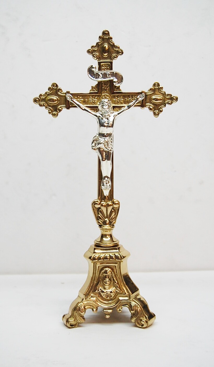 SET OF 6 SHORT 6" BRASS JMJ ALTAR CANDLE STICKS & ALTAR CROSS - 175sh