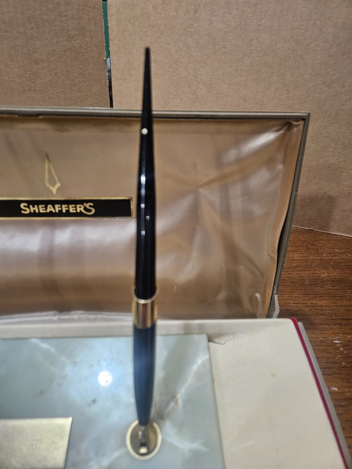 Sheaffer Fountain Pen Desk Set White Dot Chrome Black 14k used