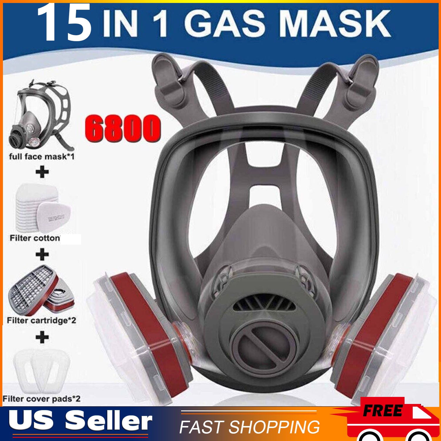 15 IN 1 Gas Mask Full Face Respirator Paint Spray Chemical Facepiece Safety 6800