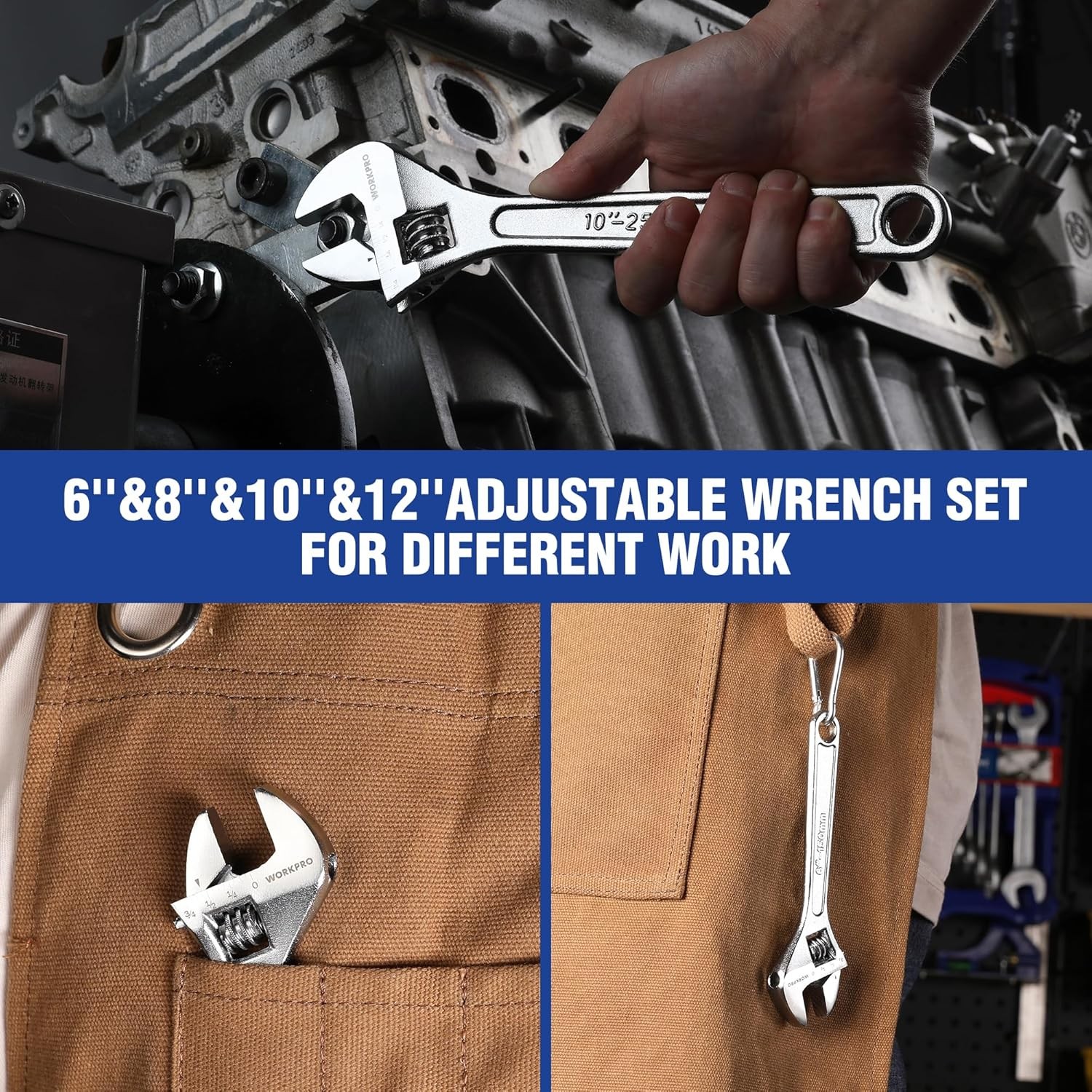 WORKPRO 4PC 6" 8 10" 12" Adjustable Wrench Set Forged Heat Treated Chrome-plated