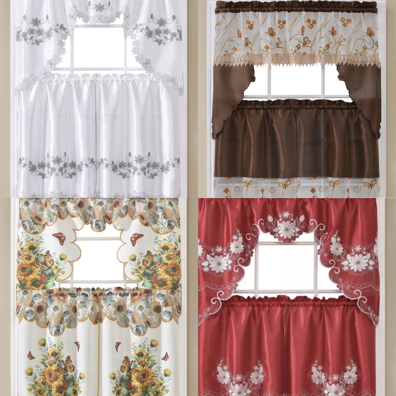 3PC SET EMBROIDERY/PRINTED KITCHEN CURTAIN SOLID DRAPE VALANCE TIER NEW DESIGNS