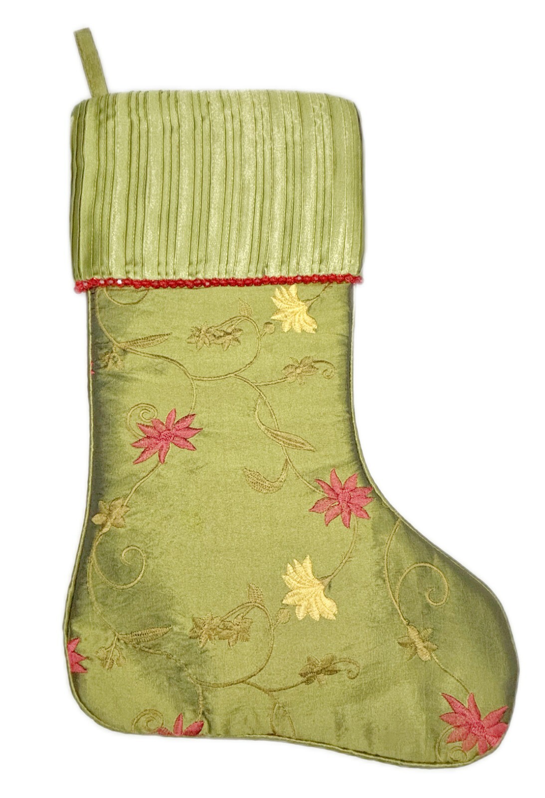 17” World Market Green Satin Christmas Stocking Floral Embroidery Beads
