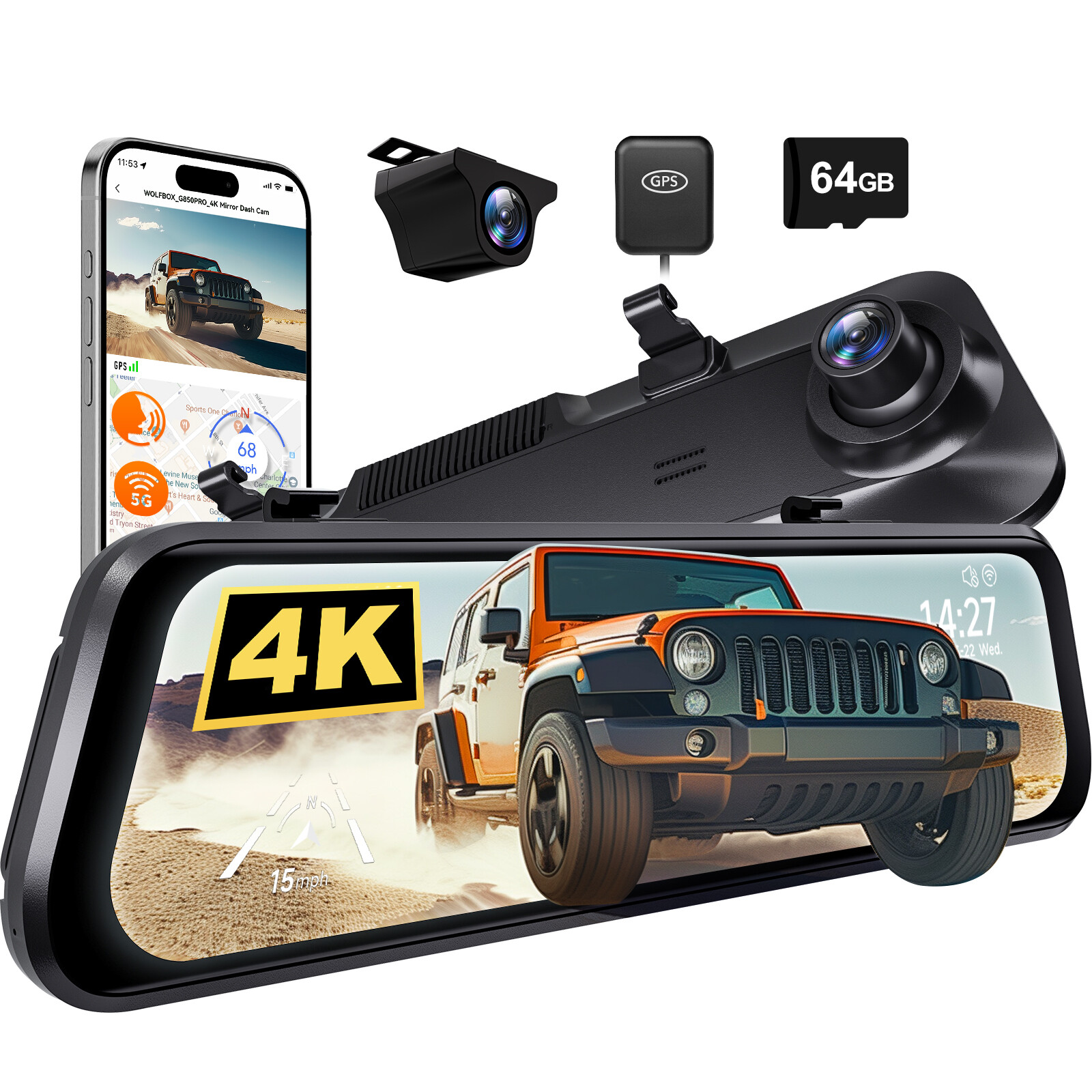 WOLFBOX G850PRO 4K Dash Cam with Dual Camera ADAS, 5.8GHz WiFi & Parking Monitor