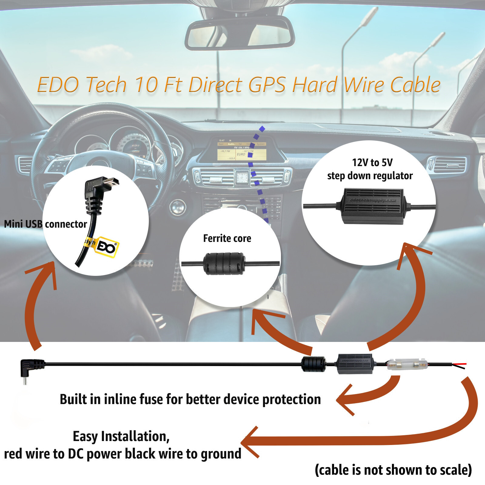 Hardwire USB Car Charger Power Cord Kit for Garmin nuvi 2505 2508 2507 200 GPS