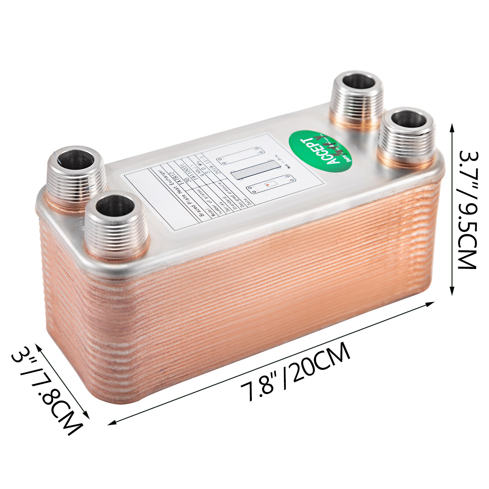 30 Plate Brazed Heat Exchanger w/ Brackets 3"x8" 3/4" MPT 316L Stainless Steel