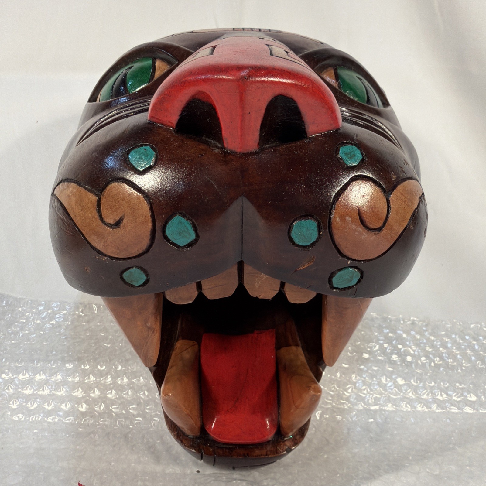 Vintage MCM Mayan Handcarved Wood Jaguar Panther Head Folk Art Rare