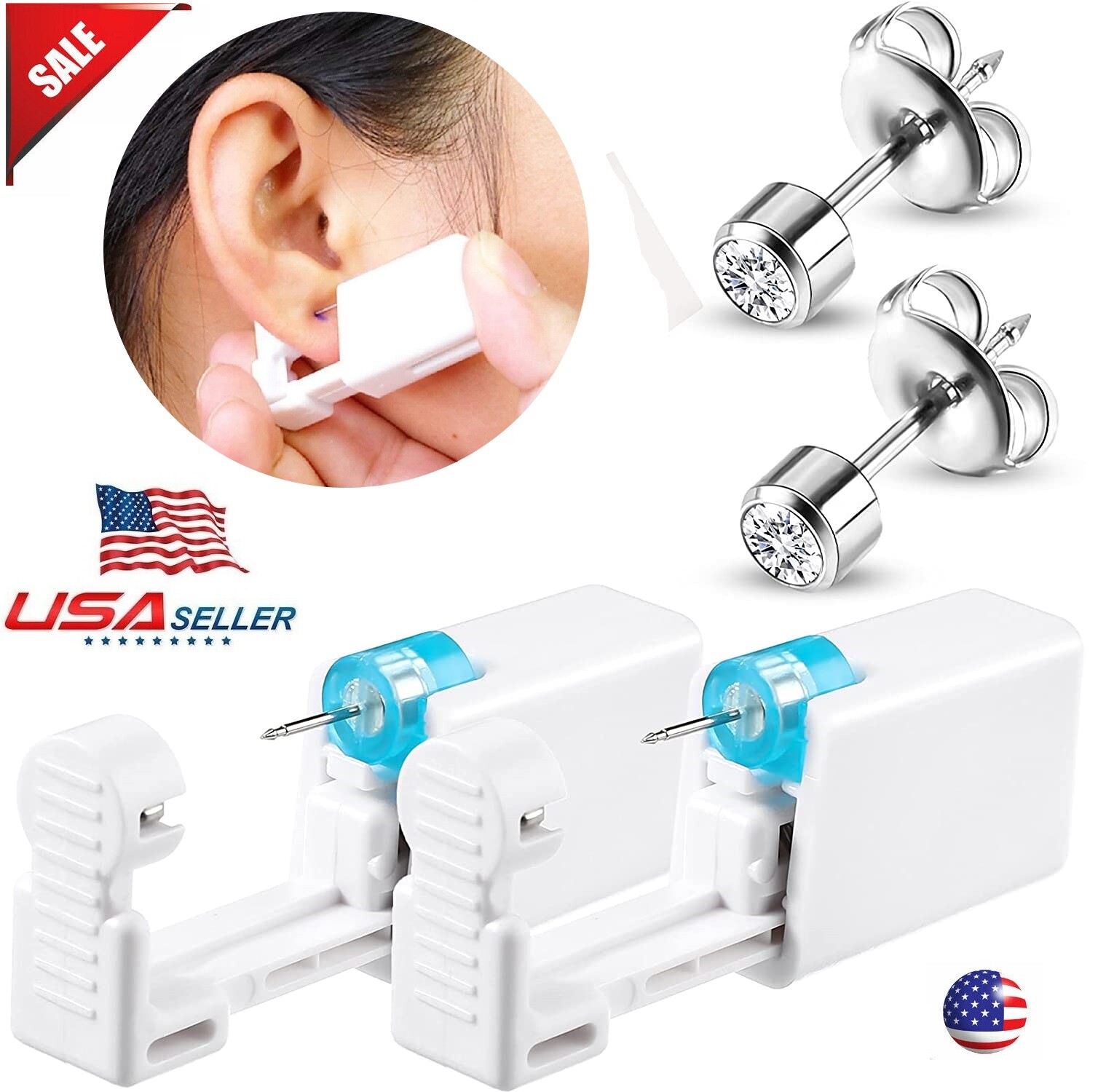 4× Ear Piercing Disposable Kit Silver Stud Earring Gun DIY Home Self Ear Sets US