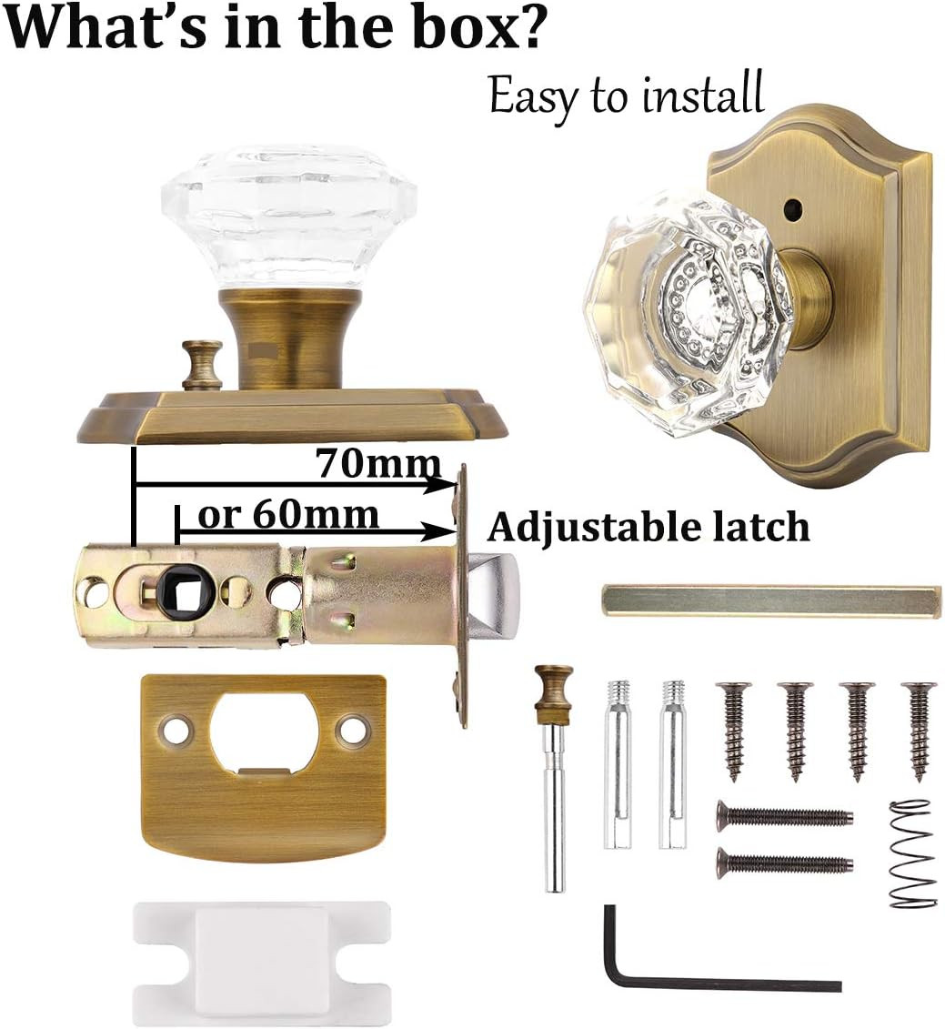 Antique Brass Door Locksets with Octagonal Crystal Knobs, 5 Pack