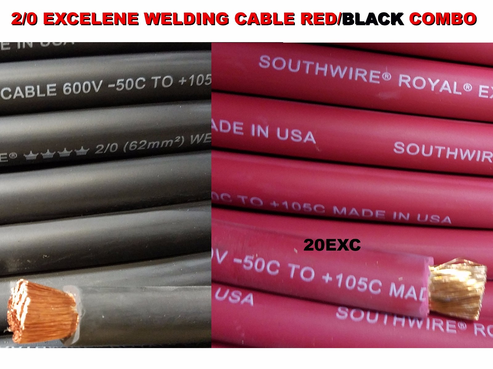 50' 2/0 EXCELENE WELDING CABLE 25 FT RED & 25 FT BLACK USA MADE 105 EPDM JACKET