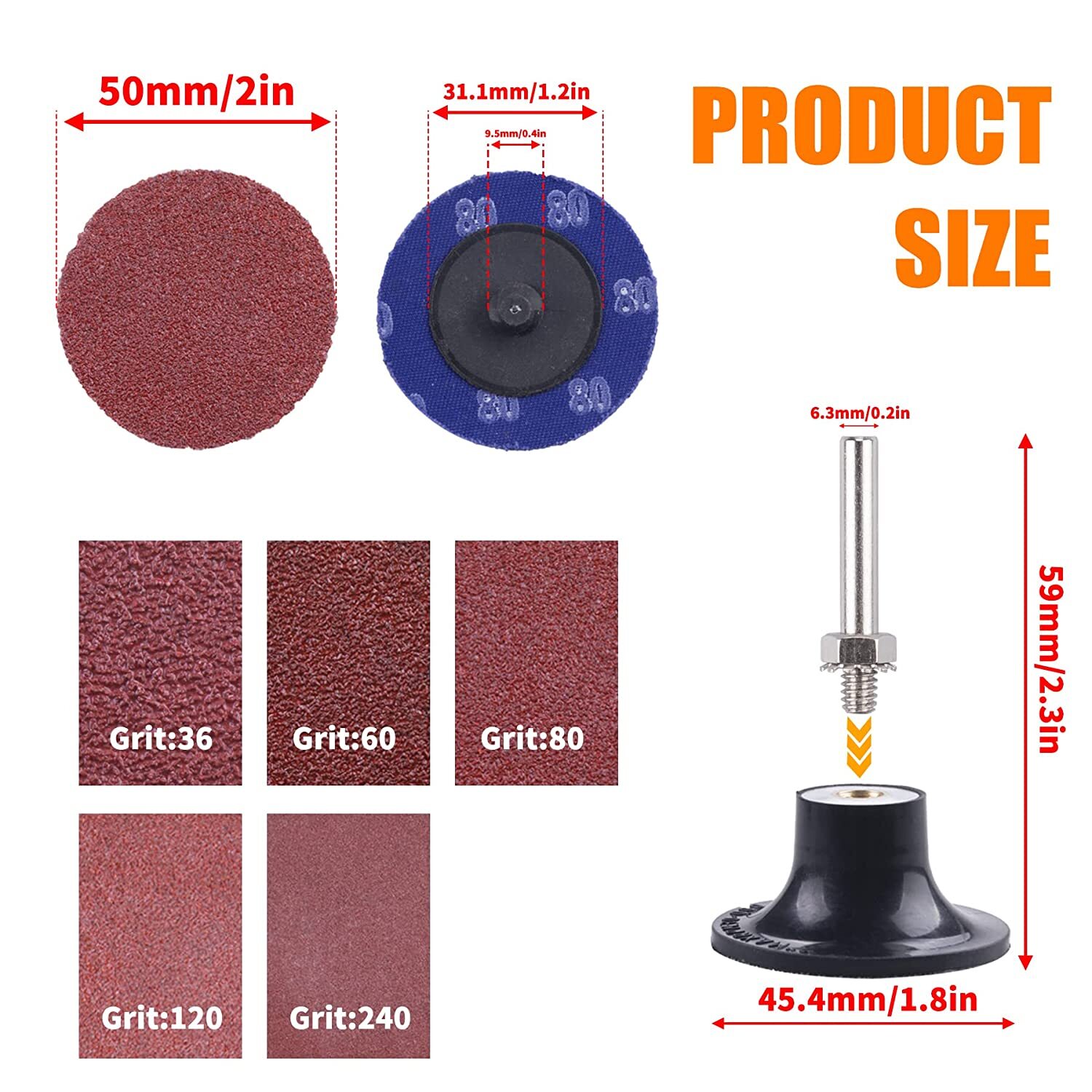 51PCS 2 inch Roll Lock Twist Sanding Discs 36 60 80 120 240 Grit W/ 1/4" Holder