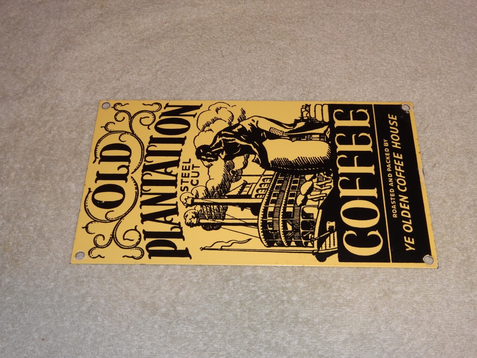 VINTAGE OLD PLANTATION COFFEE W/ PADDLE BOAT 10.5" PORCELAIN METAL GASOLINE SIGN