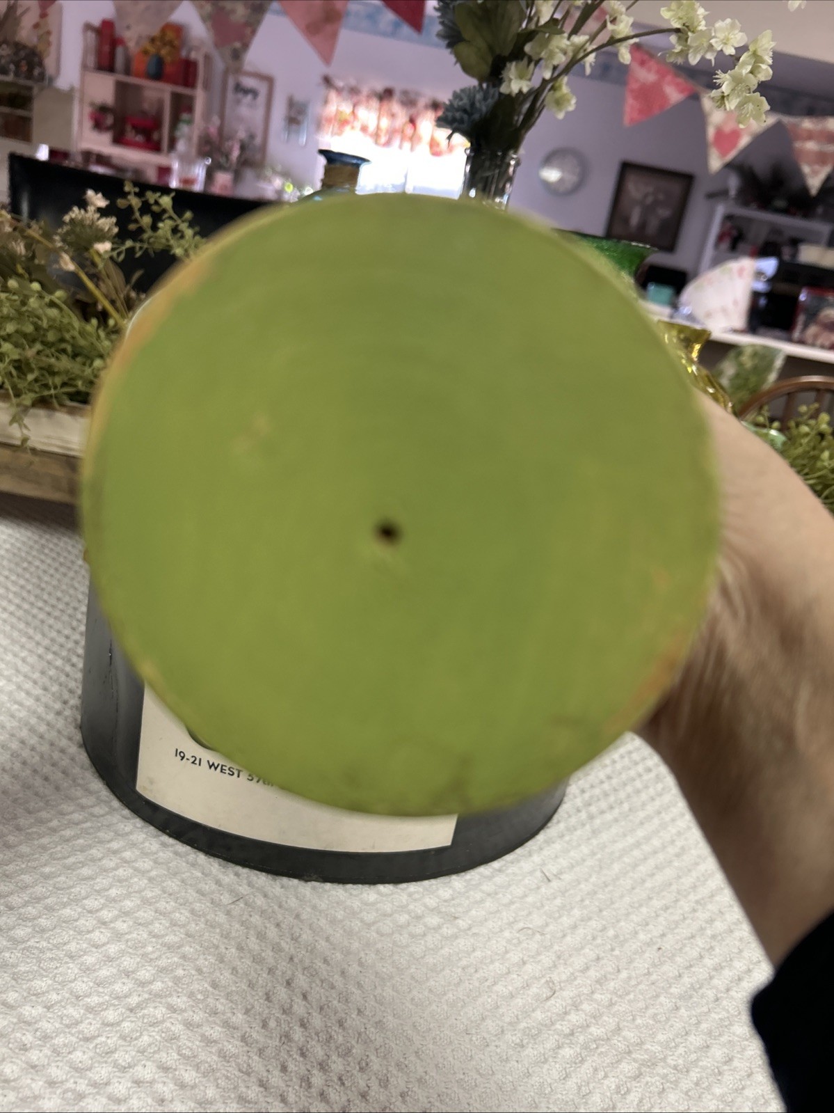 Antique Papier-Mâché Side Eyed Doll Head Girl Wood Hat Stand 9.5" Creepy Germany