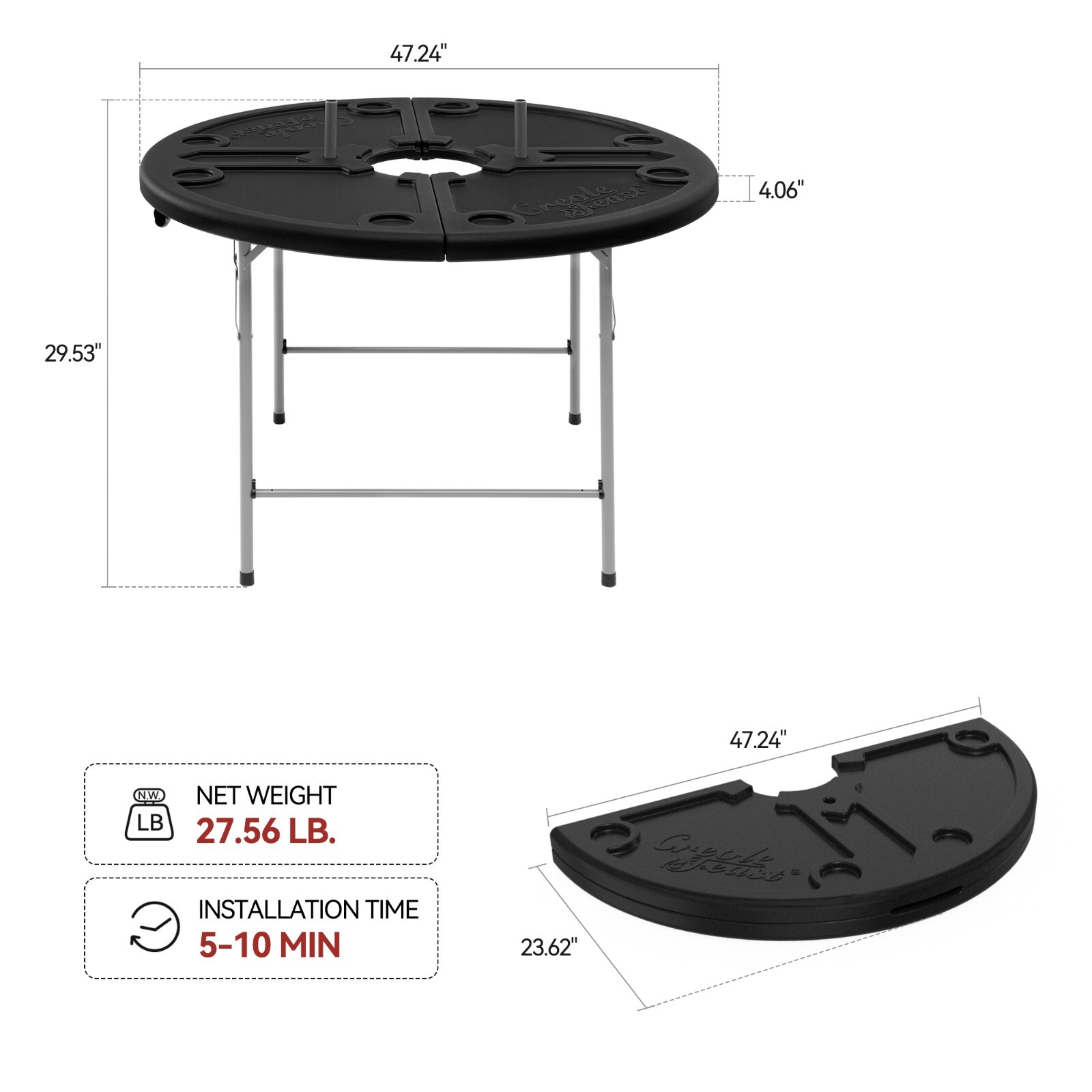 Creole Feast Foldable 47-inch Round Crawfish Table, Portable Table, Black