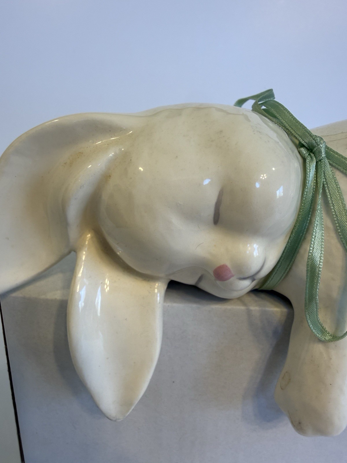 Vintage Ceramic Sleeping Bunny Shelf Sitter Hand-painted White Rabbit Ear Repair