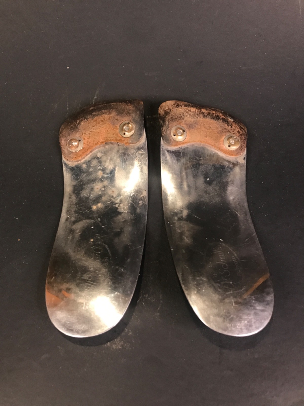Antique Dr. Scholl's Metal and Leather Flexoid Arch Support Insoles Left & Right