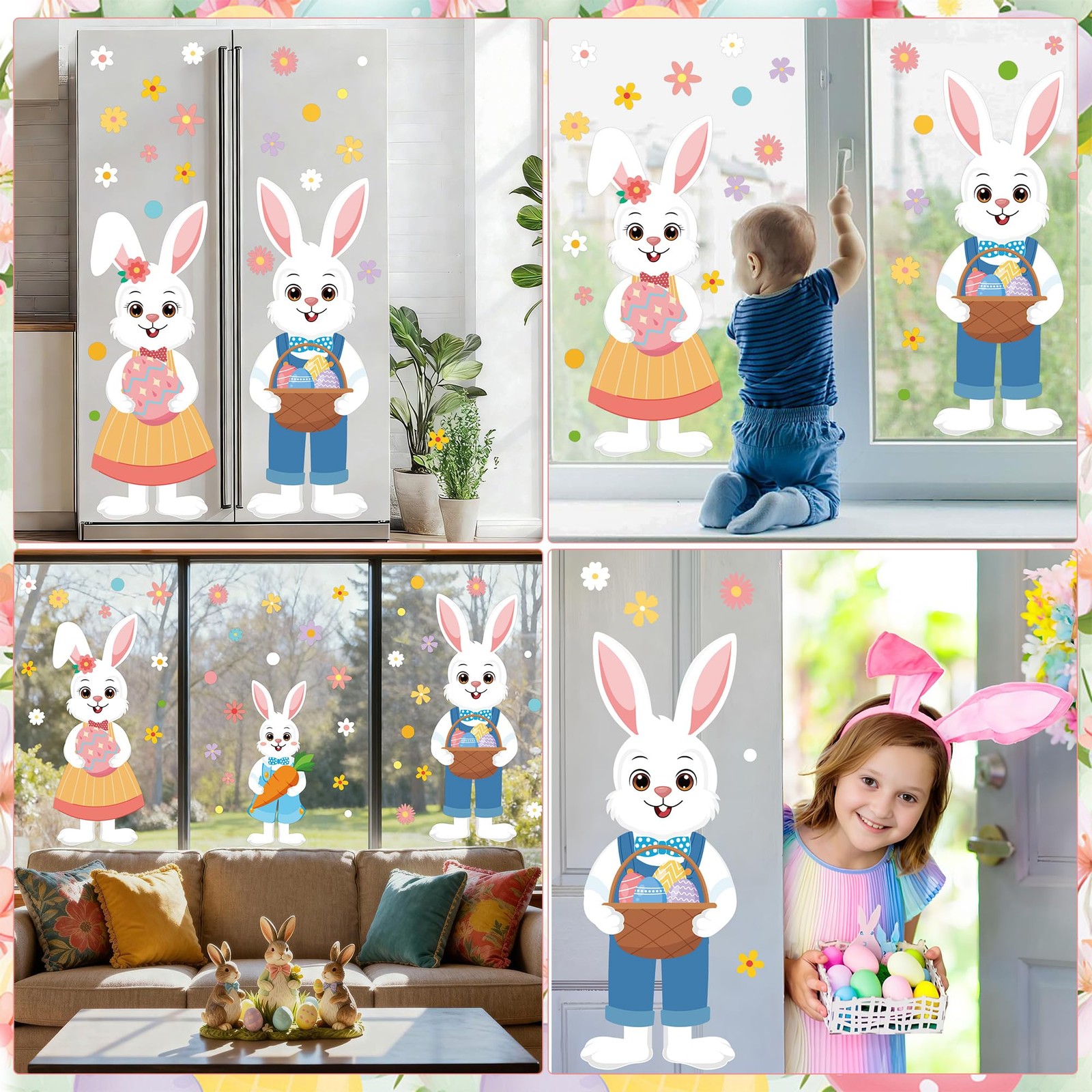 6 Sheet Extra Large Easter Window Clings Double-Sided Cartoon Bunny Rabbit Famil