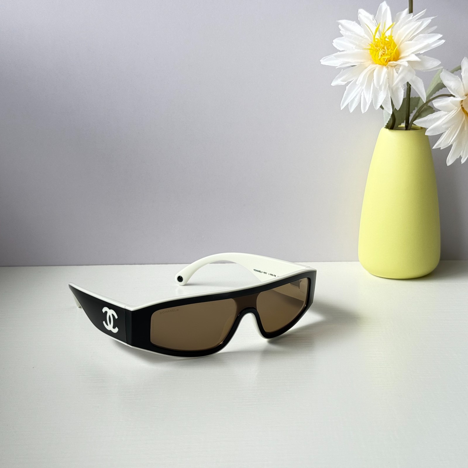 Chanel CH6057 Sunglasses Black/Beige Shield Wrap Brown Lens