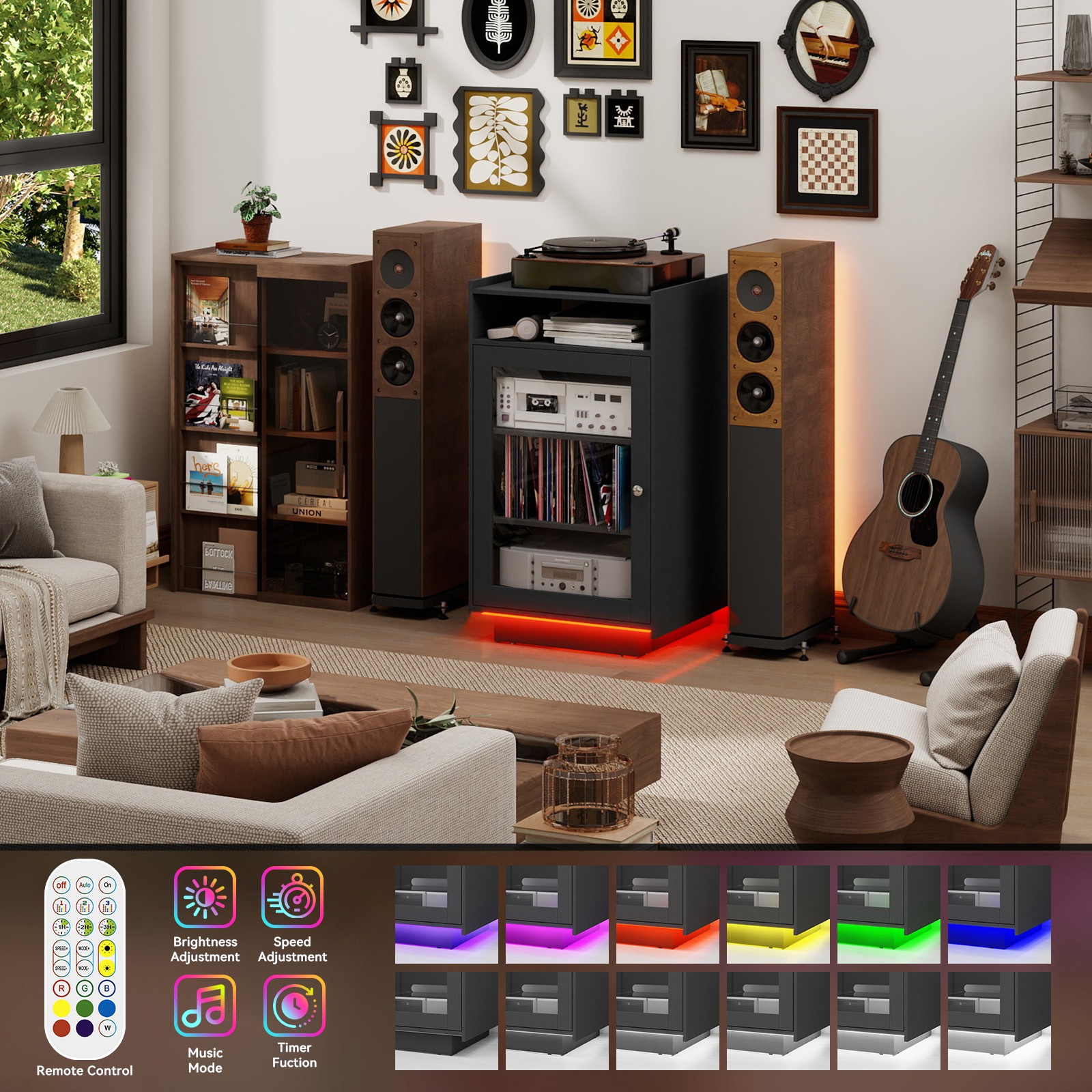 5-Tier Media Cabinet with LED Lights, Tempered Glass Door, Black AV Stand