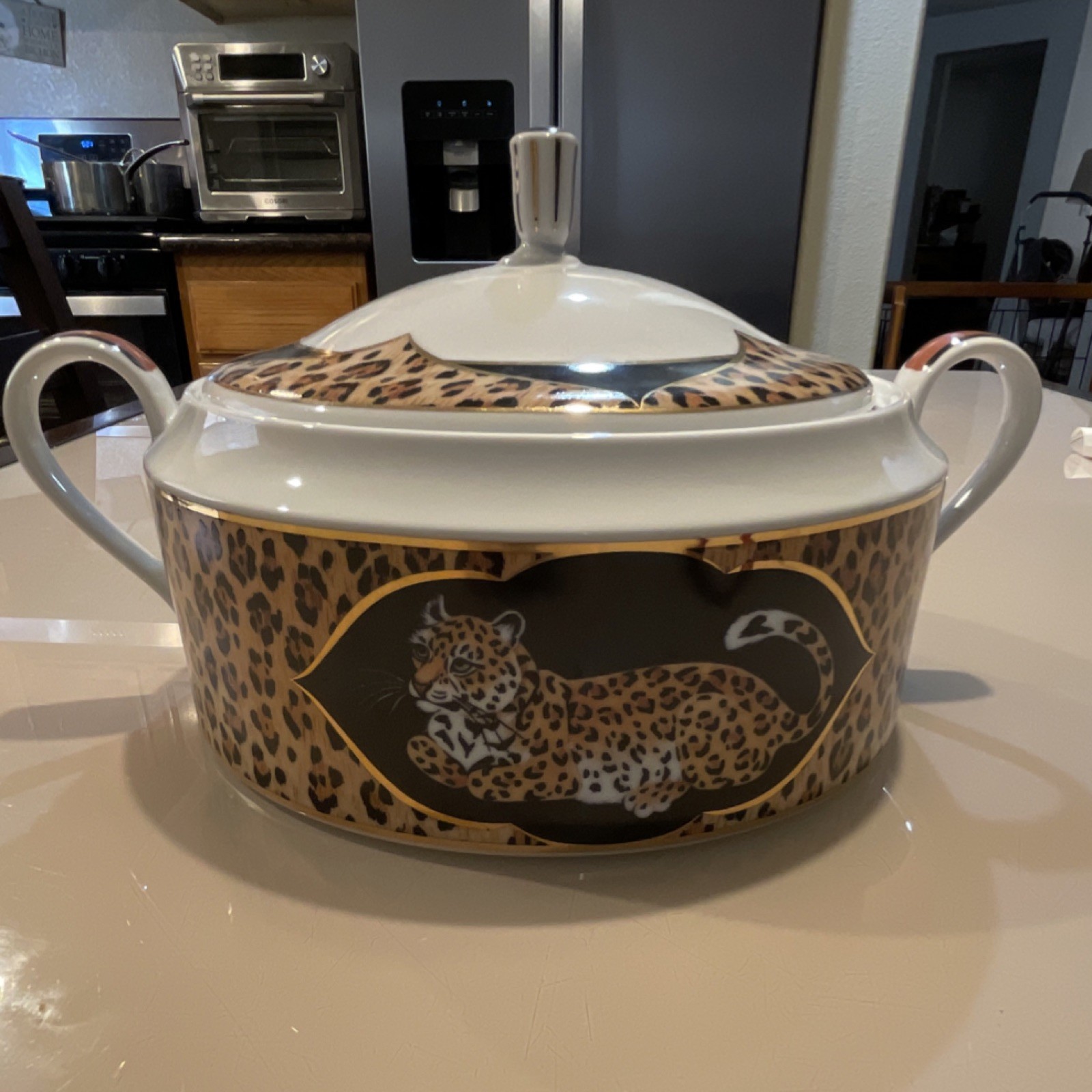 Lynn Chase Porcelain Amazonian Jaguar Round Bowl with Lid 24K Gold 1994 Wildlife