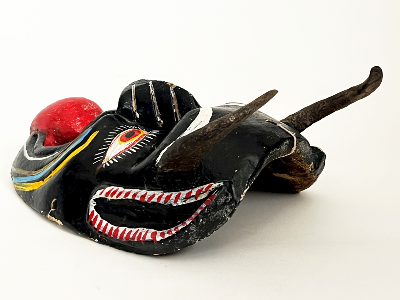 MEXICAN FOLK ART CARVED WOOD BLACK HORNED DIABLO DEVIL DEMON DANCE MASK 14 x 8"