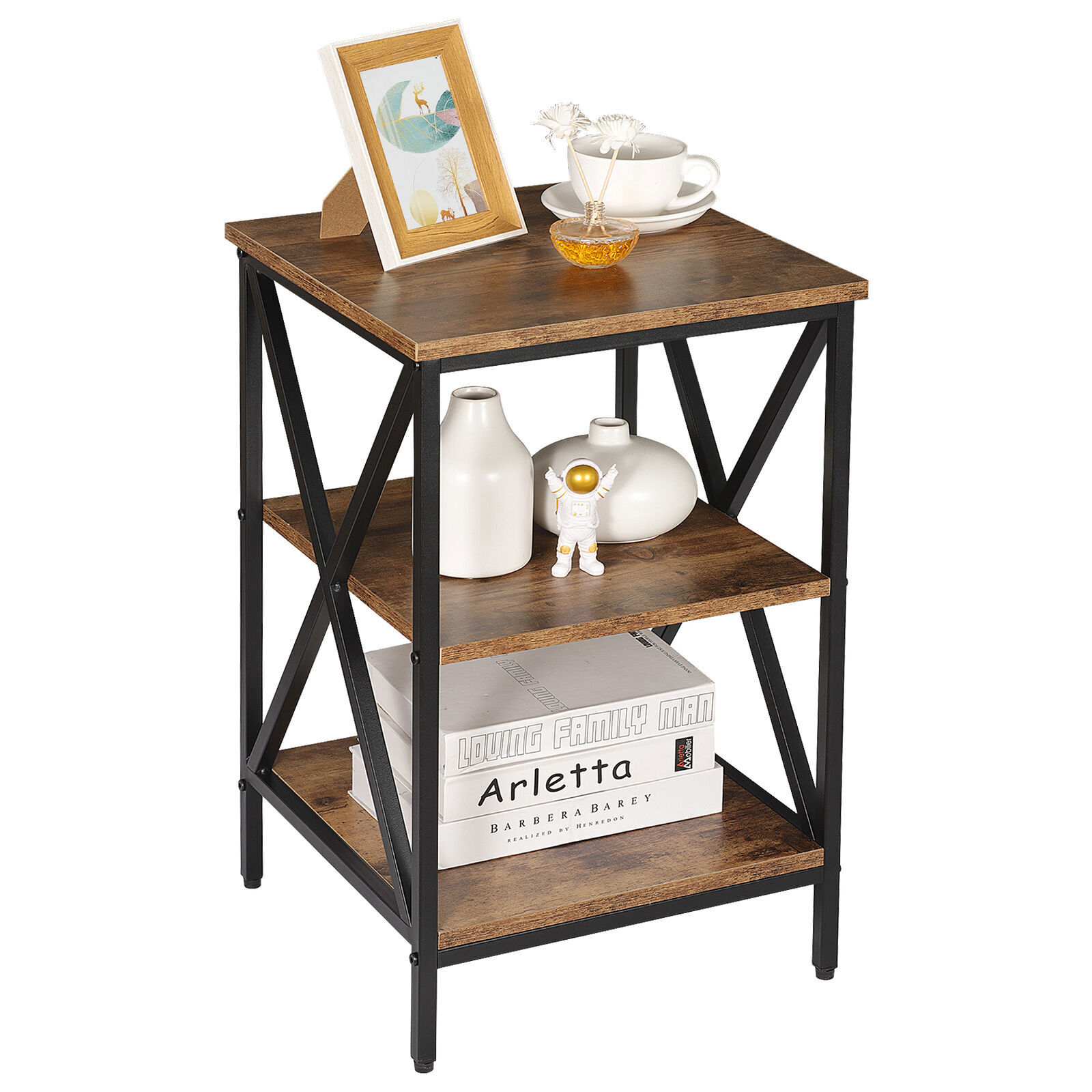 24.4" Side Table Industrial X Shape 3-Tier Small End Table Storage Sheves Brown