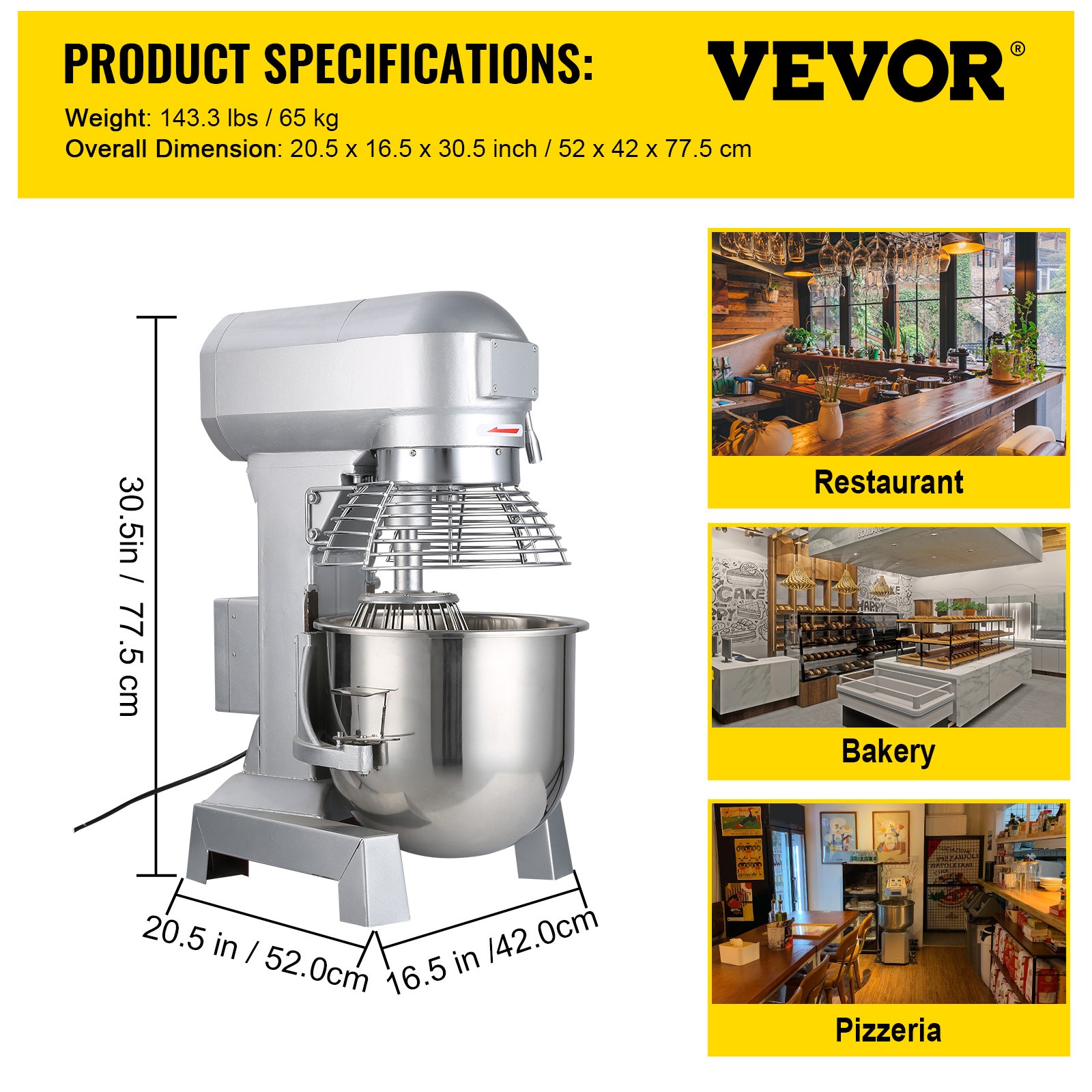 VEVOR Commercial Mixer Dough Mixer 20Qt Industrial Mixer for Bakery, 3-Speed