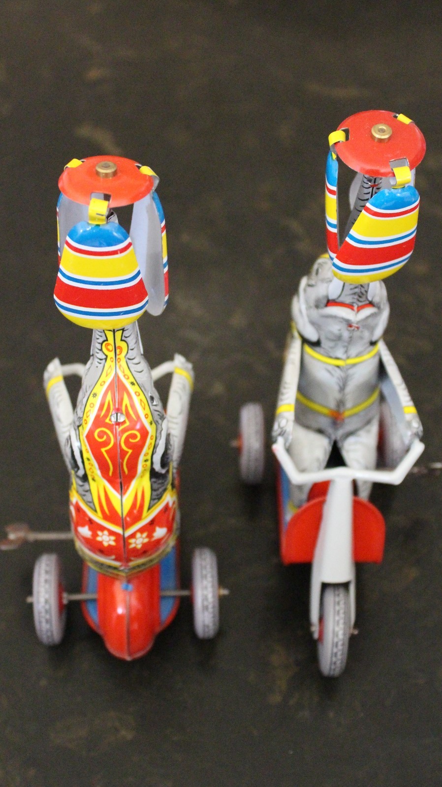 Vintage Toys Schylling Tin Elephant on a Bike, Spinning Globe,Happy Easter Bunny