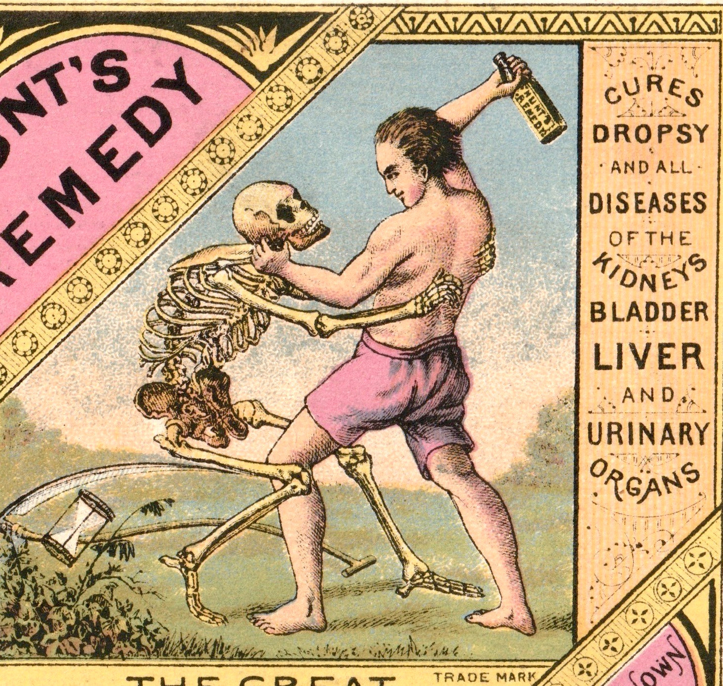 Hunts Remedy Skeleton Bottle Skull Crush Kidney Death Liver Cure Trade Card j.US