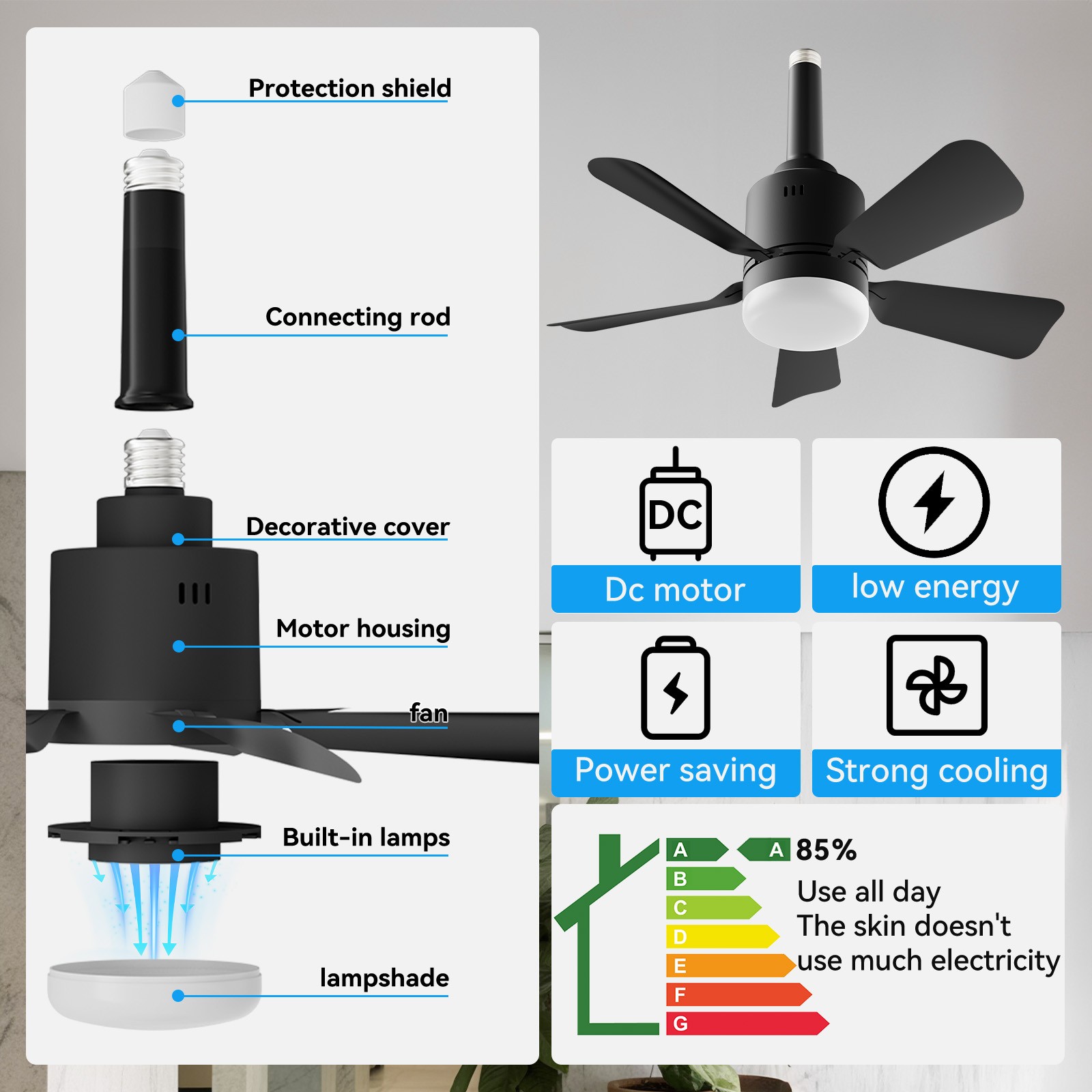 Socket Ceiling Fans with Lights and Remote- Socket Fan light with Dimmable Led