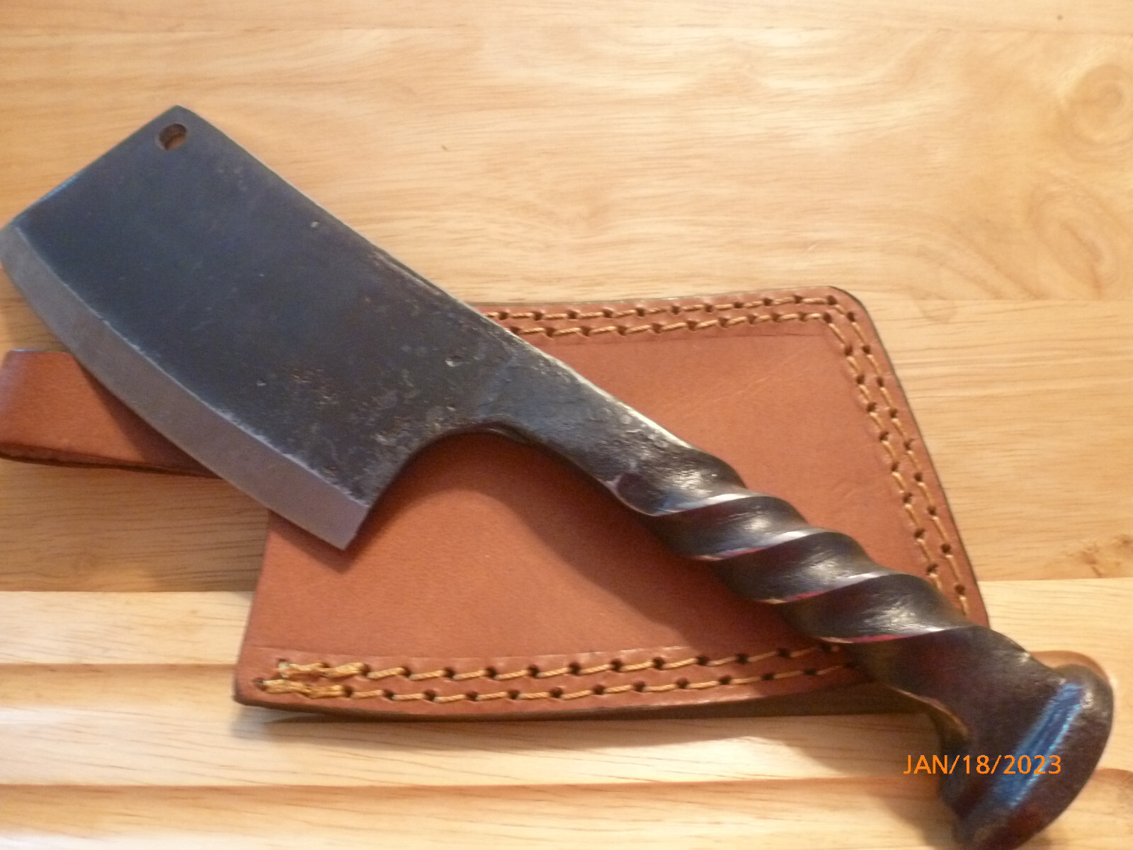 Railroad Spike Meat Cleaver with Heavy-Duty Brown Leather Belt Sheath - New