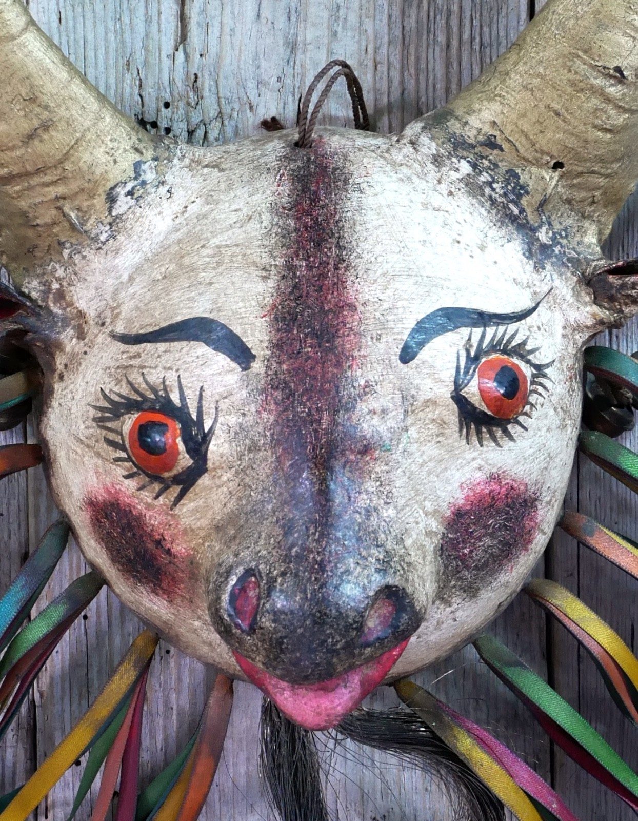 Coconut Goat Mask with Hair Beard Real Horns Handmade Guerrero Mexican Folk Art