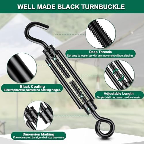 Premium Decorative Turnbuckle Hook & Eye, 12Pcs M6 x 5.9" Hook & Eye Black