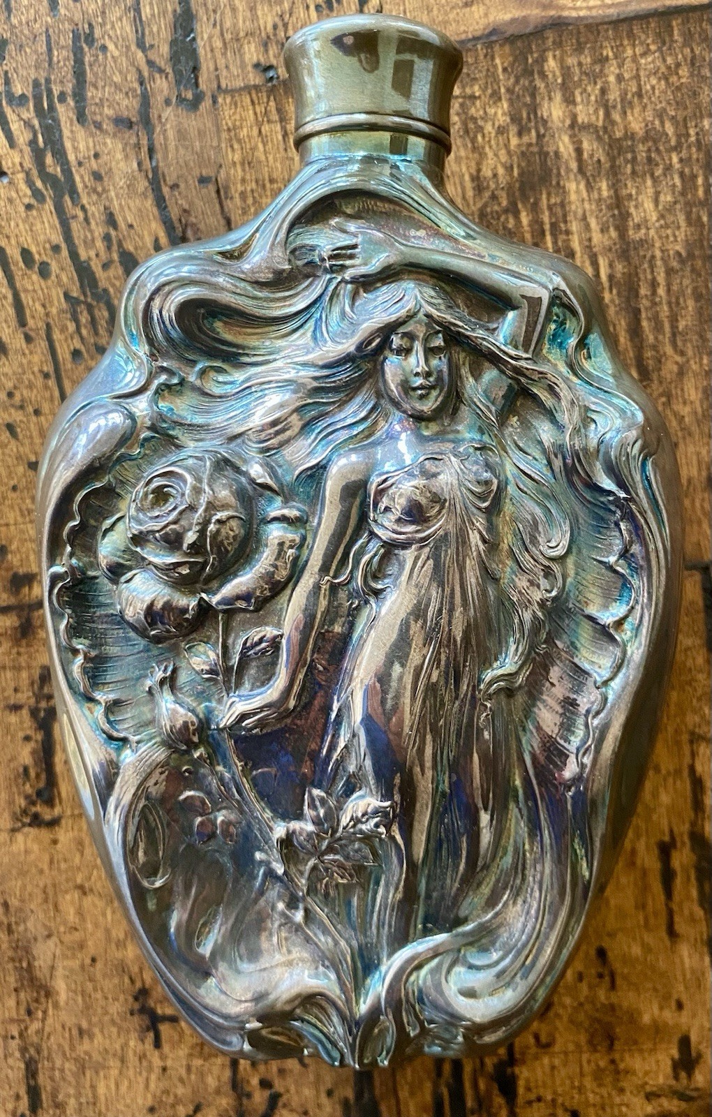 Art Nouveau Spirit Flask Victor Silver Co Nymph Relief Iridescent Barware Superb