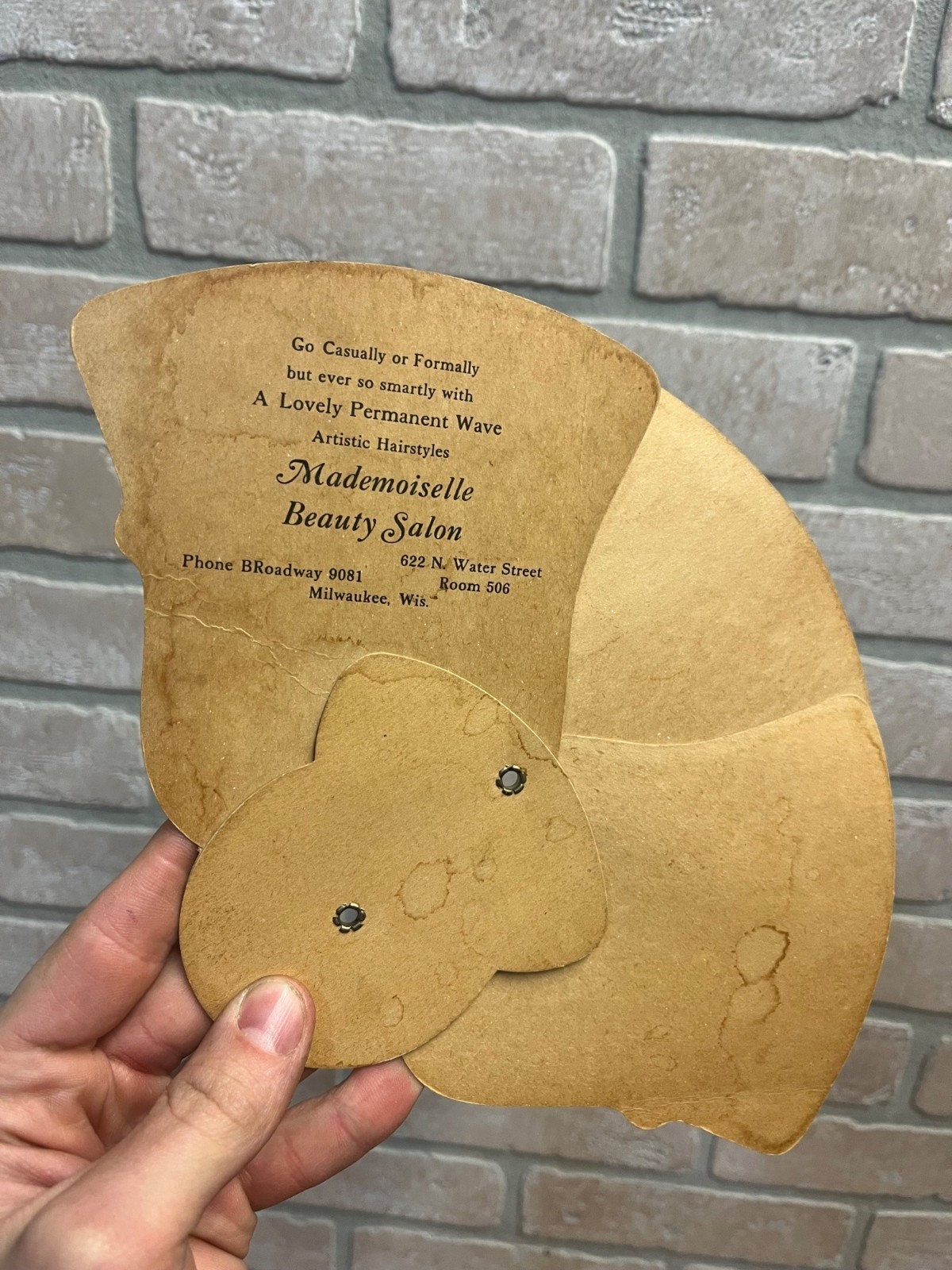 Vintage Mademoiselle Beauty Salon Advertising Tri-Fold Hand Fan Milwaukee WI WIs