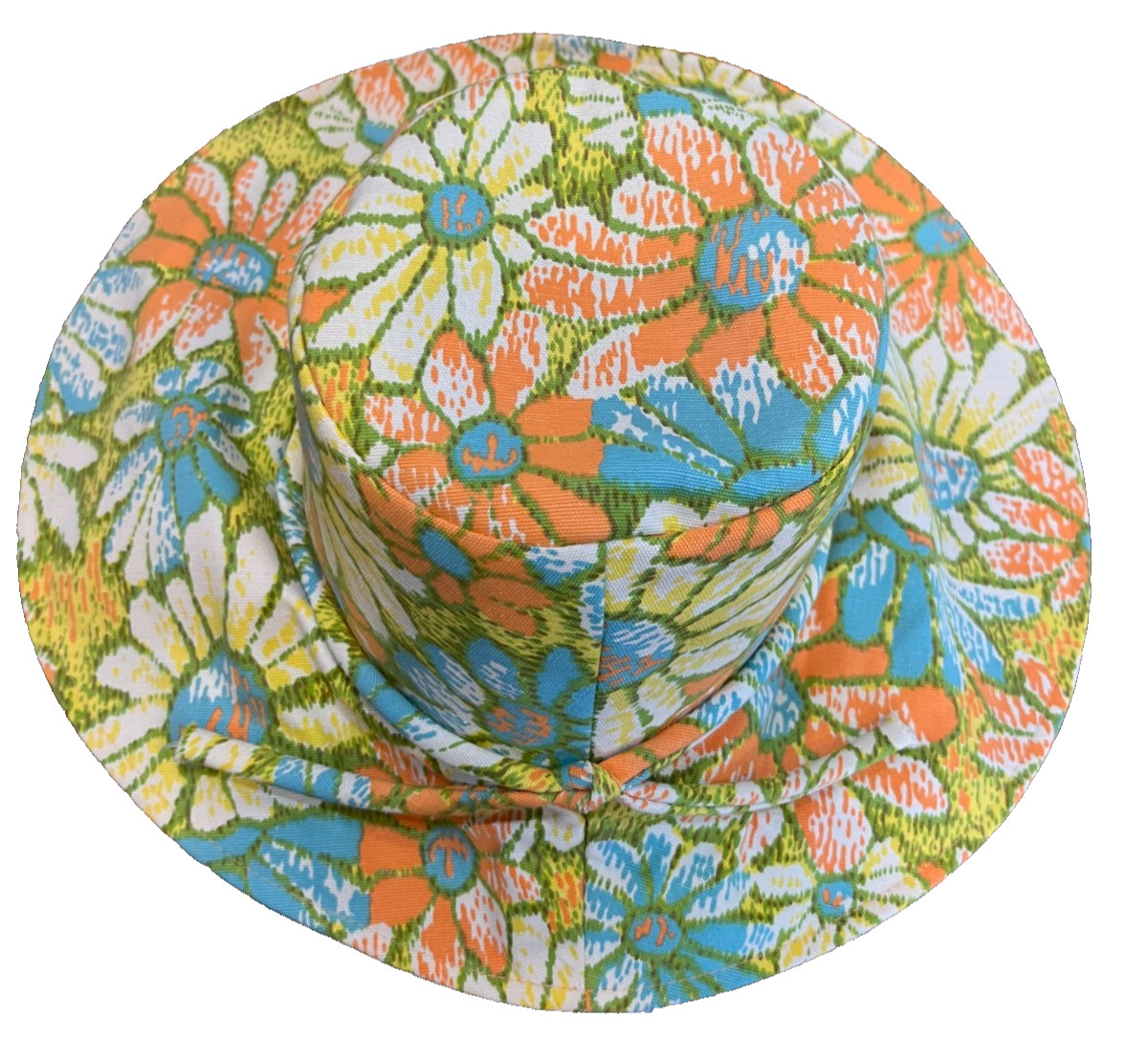 Groovy Vintage Fits All Japan Womens Floral Hat Cotton Bucket Floppy Orange Blue