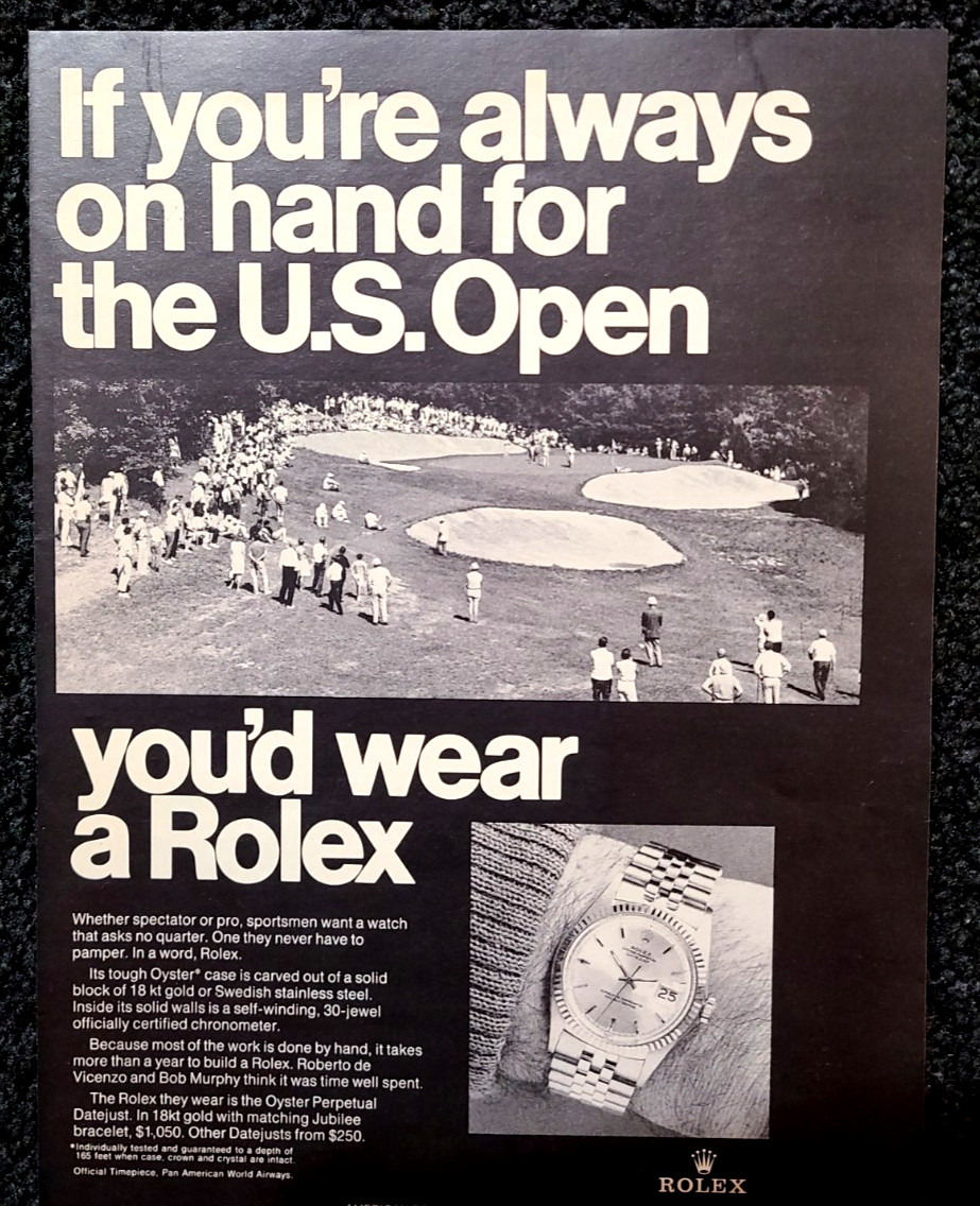 Rolex Oyster Datejust Original 1969 *Vintage Print AD* U.S. Open Wall Art