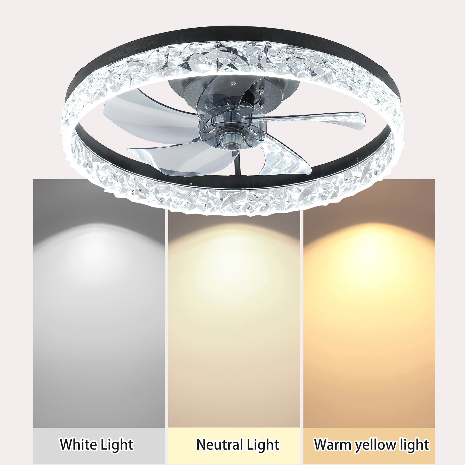20" Ceiling Fan With LED Lights Crystal Design Flush Mount Remote & APP Control