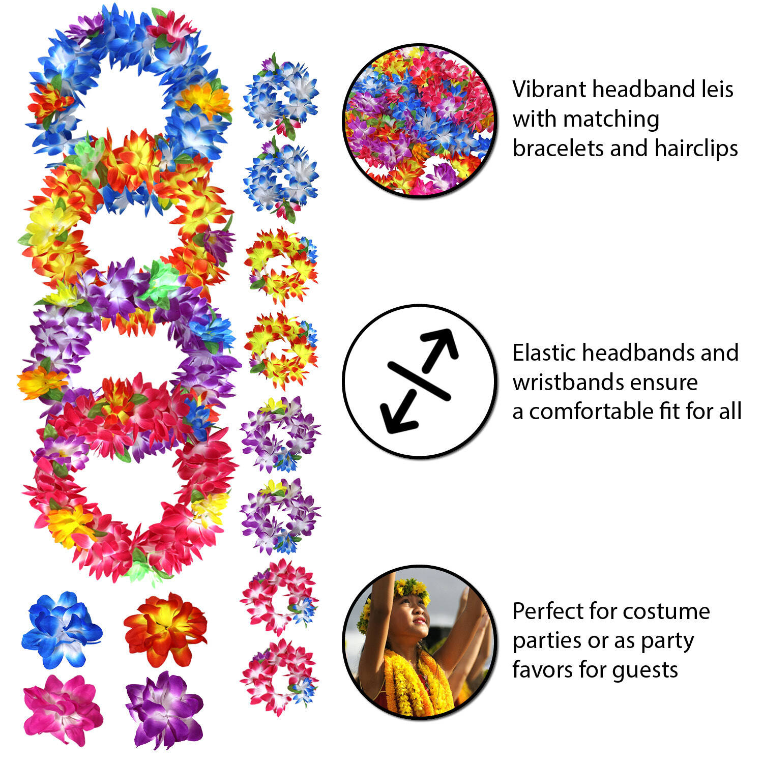 16 Piece Set Hawaiian Flower Leis Headband, Bracelet and Hair Clips Luau Party