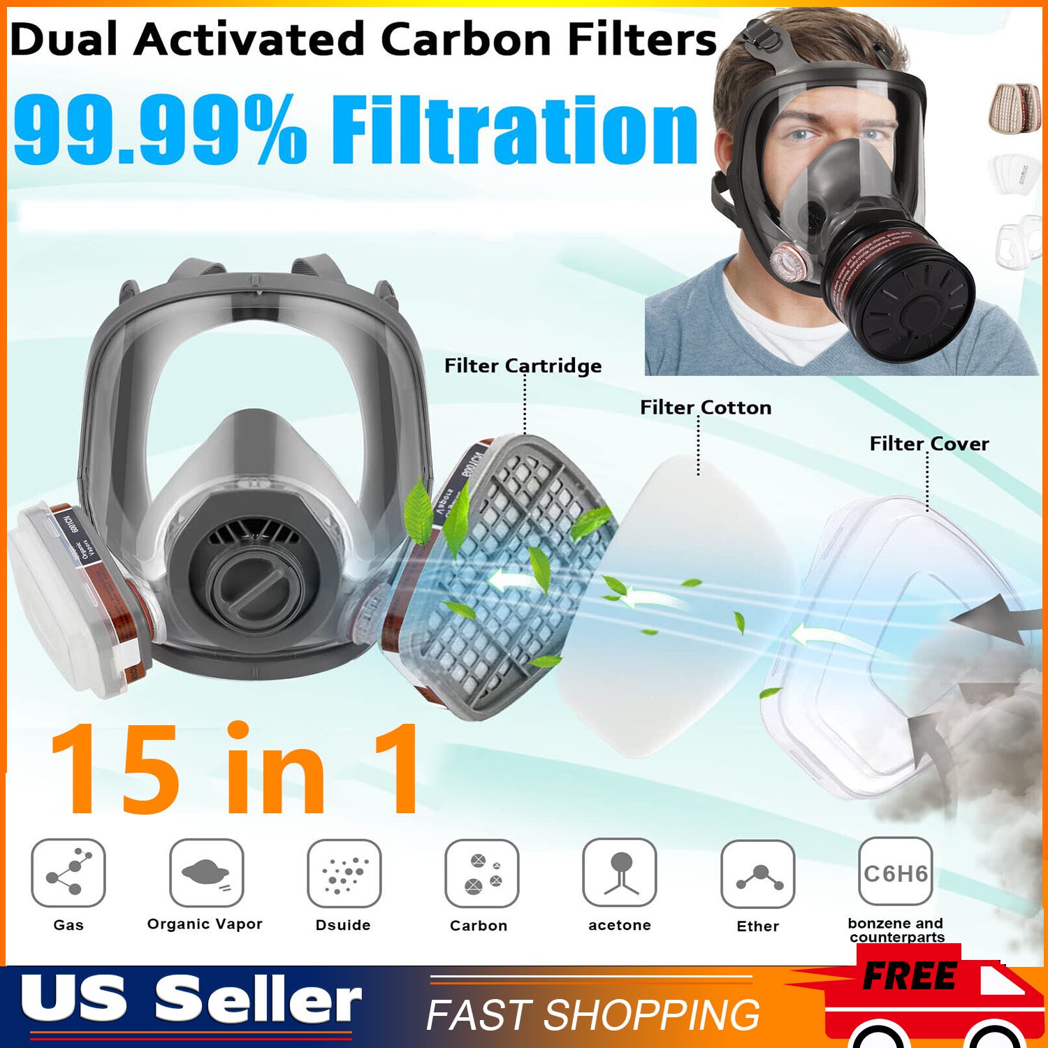 15 IN 1 Gas Mask Full Face Respirator Paint Spray Chemical Facepiece Safety 6800