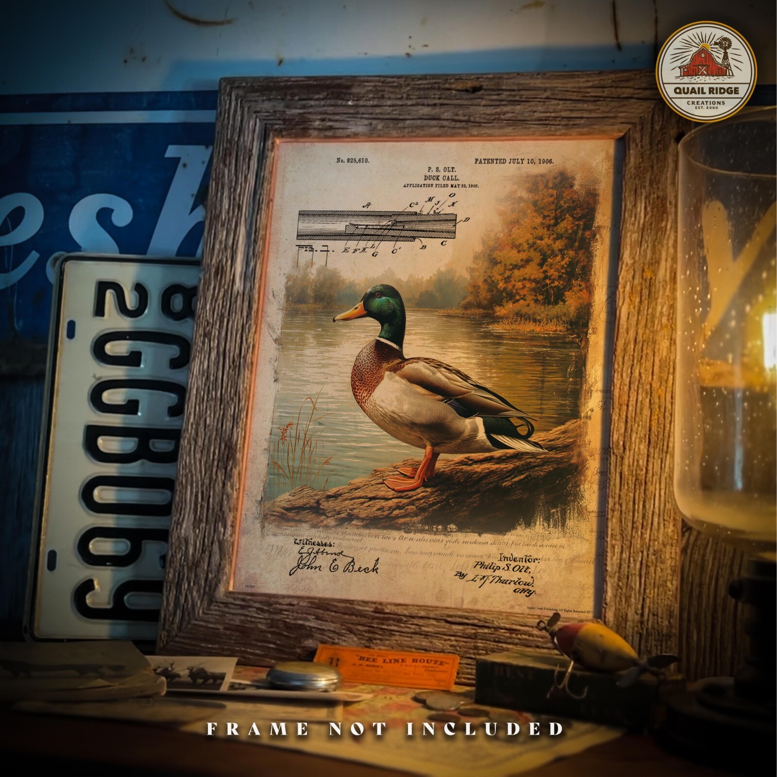 Vintage Duck Hunting Call Patent Art Print Mallard Duck Decoy Cabin Wall Decor