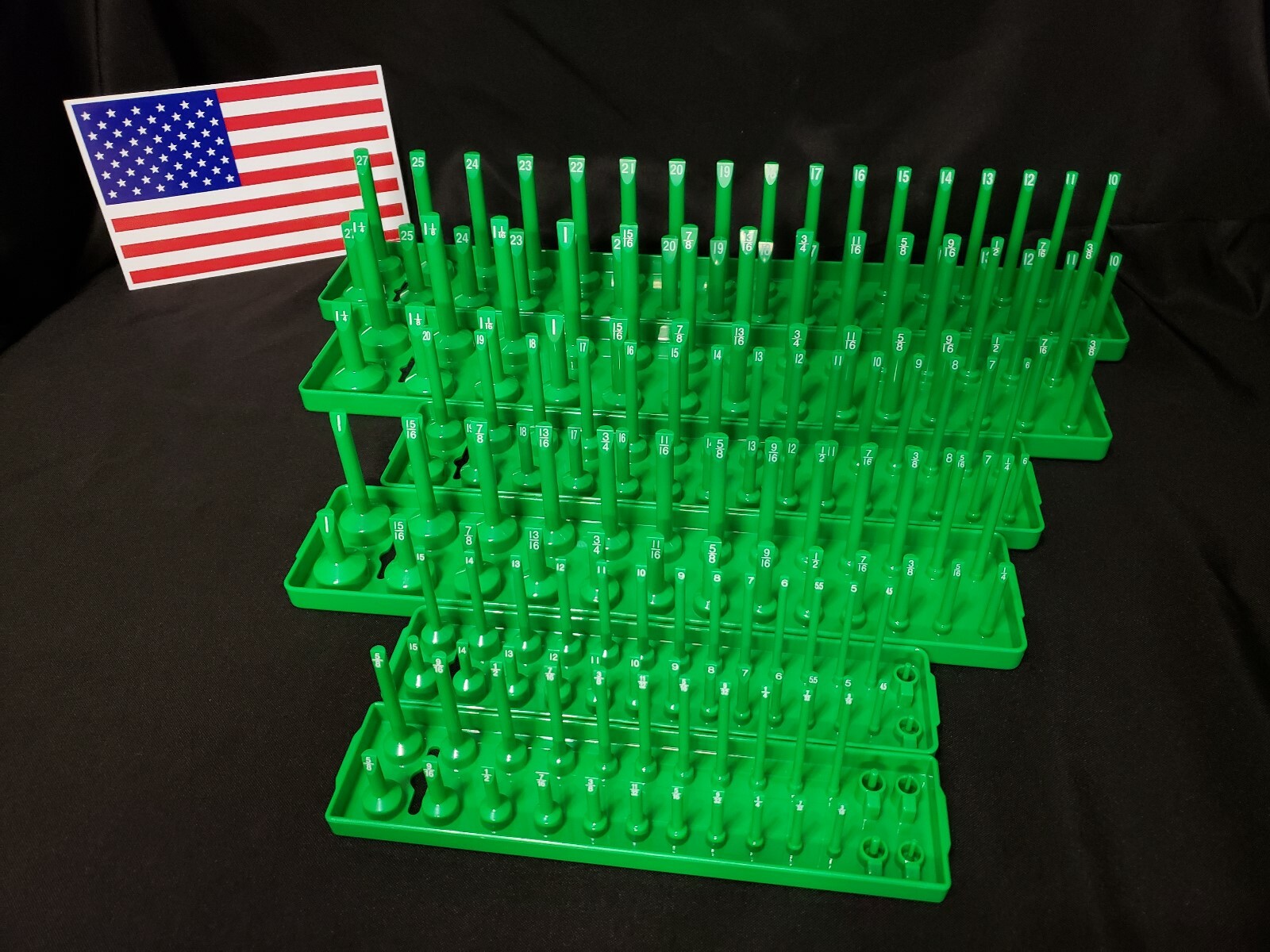 Hansen 6 Pc Socket Tray Metric SAE Tool Rack Holders 1/4" 3/8" 1/2" Green - USA