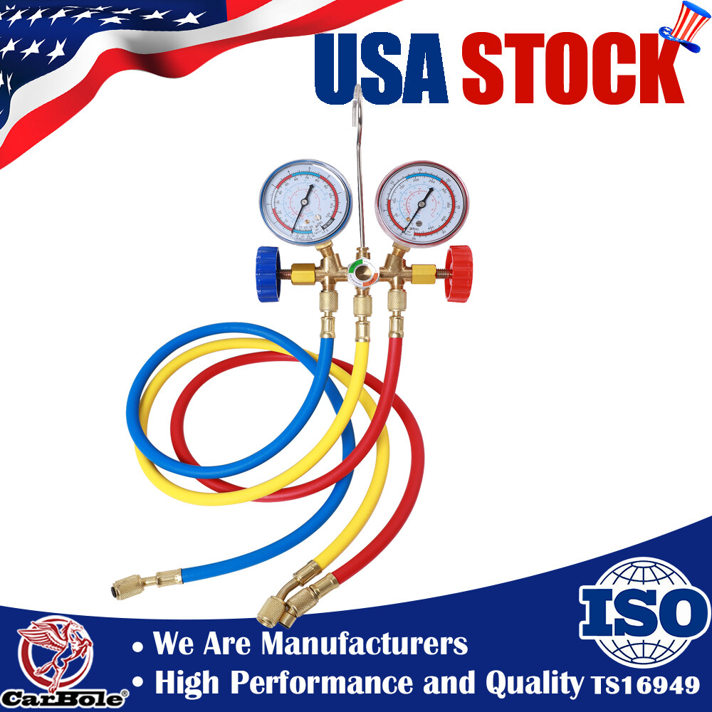 A/C HVAC Diagnostic Service Manifold Gauges Set Of 3 Color Hoses For Refrigerant